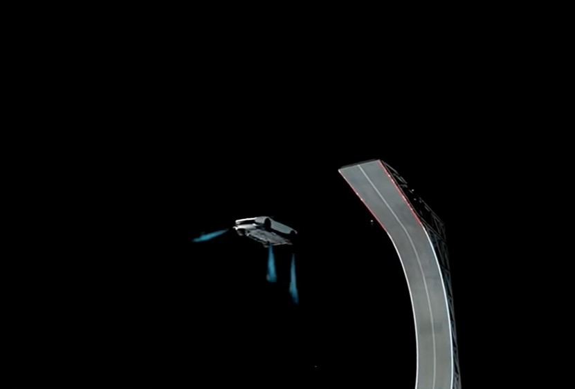 The Roadster leaves the end of the ramp and hangs in the air