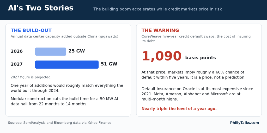 Infographic comparing projected AI data center capacity growth with the rising cost of insuring CoreWeave debt