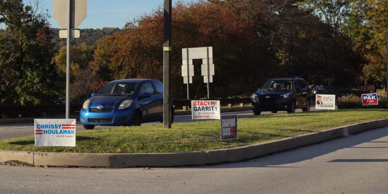 Campaign signs for both parties on a roadside median in Chester County, Pennsylvania