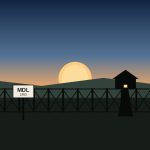 Illustration of the Demilitarized Zone fence line at dawn with a military demarcation line marker and a guard post