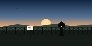 Illustration of the Demilitarized Zone fence line at dawn with a military demarcation line marker and a guard post