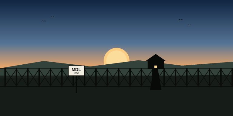 Illustration of the Demilitarized Zone fence line at dawn with a military demarcation line marker and a guard post