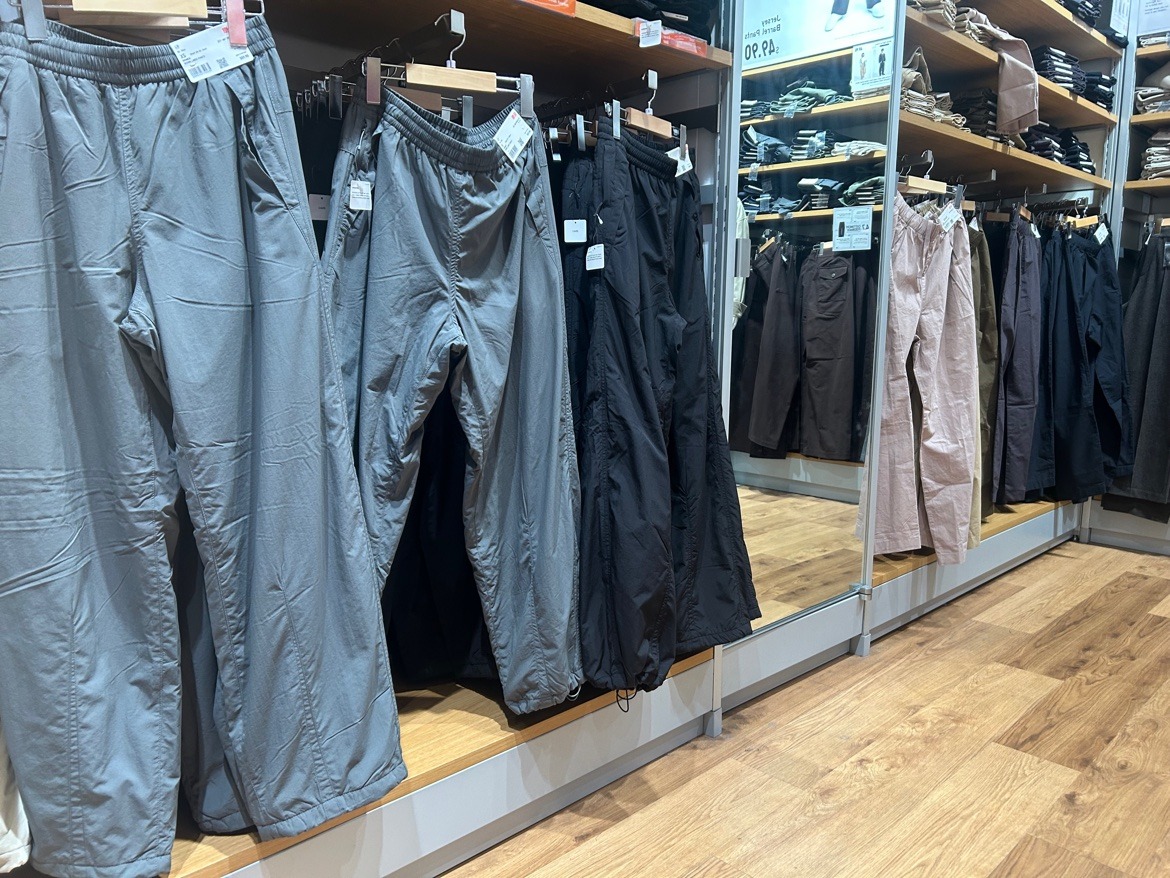 Wide-leg pants on display