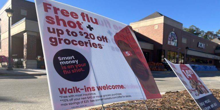 A yard sign outside the Acme Markets store in Paoli, Pennsylvania, advertising free flu shots