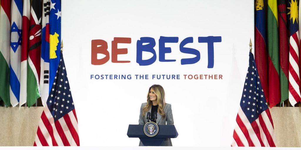 First lady Melania Trump speaking at the Fostering the Future Together Global Coalition Summit