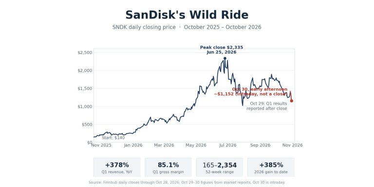 SanDisk share price trend from October 2025 to October 2026, rising to a June 2026 peak and falling after quarterly results.