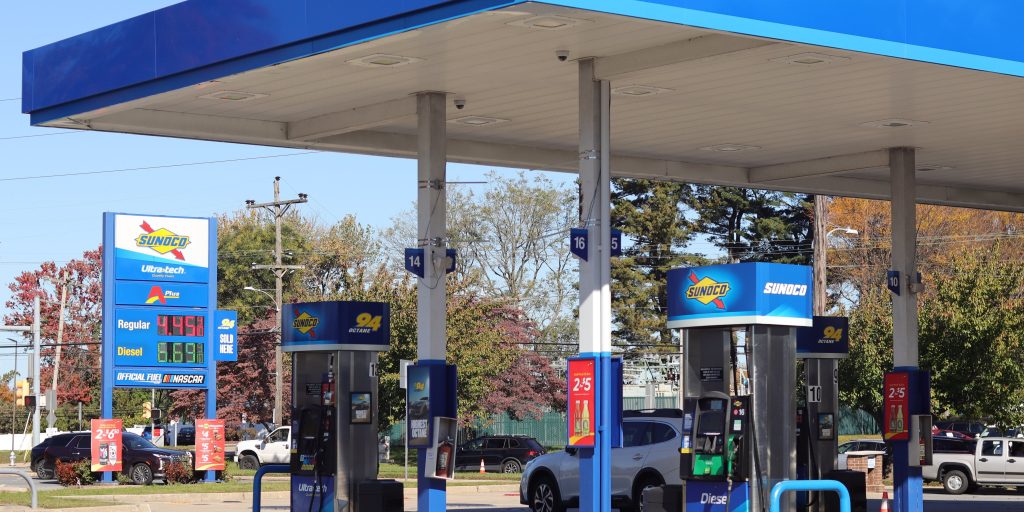Sunoco gas station price sign showing regular at $4.459 in Delaware County, Pennsylvania