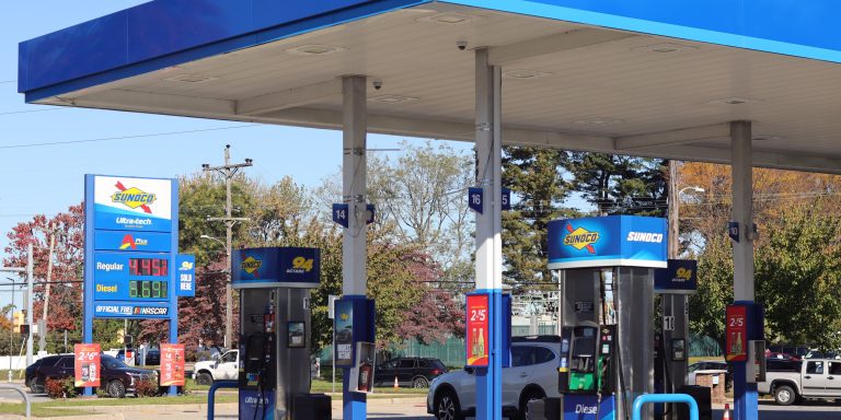 Sunoco gas station price sign showing regular at $4.459 in Delaware County, Pennsylvania