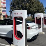 Tesla vehicles at a Supercharger station in Manteca, California