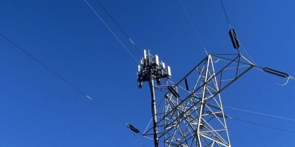 Cellular antennas on a transmission tower in Chester County, Pennsylvania