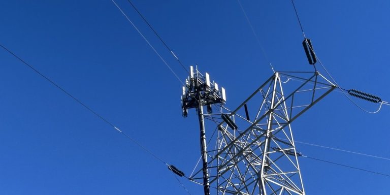 Cellular antennas on a transmission tower in Chester County, Pennsylvania